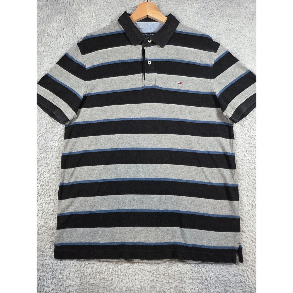 Tommy Hilfiger Polo Shirt Large Black Grey Blue Mens Custom Fit Striped Pique
